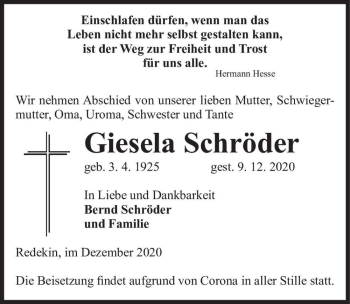 Traueranzeige von Giesela Schröder  von Magdeburger Volksstimme