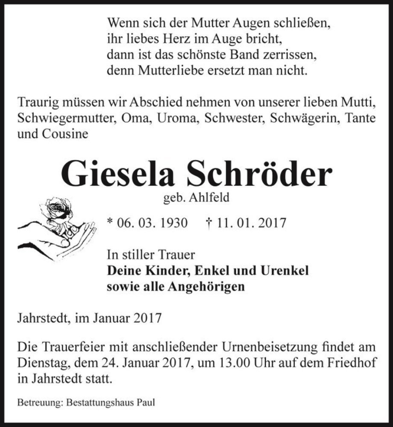  Traueranzeige für Giesela Schröder (geb. Ahlfeld)  vom 13.01.2017 aus Magdeburger Volksstimme