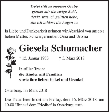 Traueranzeige von Giesela Schumacher  von Magdeburger Volksstimme