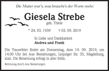 Traueranzeige von Giesela Strebe (geb. Thiele)  von Magdeburger Volksstimme