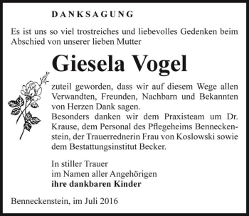 Traueranzeige von Giesela Vogel  von Magdeburger Volksstimme