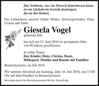 Traueranzeige von Giesela Vogel (geb. Elle)  von Magdeburger Volksstimme