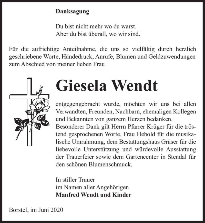  Traueranzeige für Giesela Wendt  vom 17.06.2020 aus Magdeburger Volksstimme