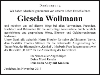 Traueranzeige von Giesela Wollmann  von Magdeburger Volksstimme