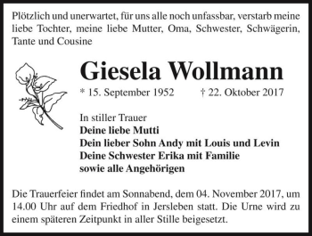 Traueranzeige von Giesela Wollmann  von Magdeburger Volksstimme