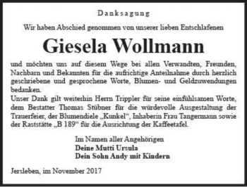 Traueranzeige von Giesela Wollmann  von Magdeburger Volksstimme