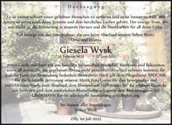 Traueranzeige von Giesela Wysk  von Magdeburger Volksstimme
