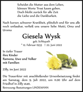 Traueranzeige von Giesela Wysk (geb. Schlopath)  von Magdeburger Volksstimme