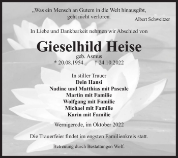 Traueranzeige von Gieselhild Heise (geb. Asmus)  von Magdeburger Volksstimme