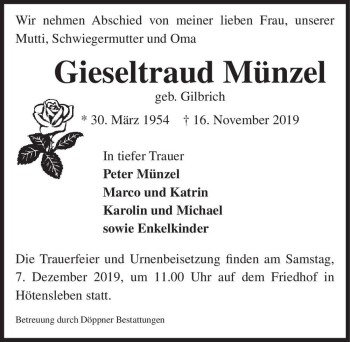Traueranzeige von Gieseltraud Münzel (geb. Gilbrich)  von Magdeburger Volksstimme