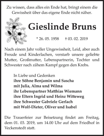 Traueranzeige von Gieslinde Bruns  von Magdeburger Volksstimme