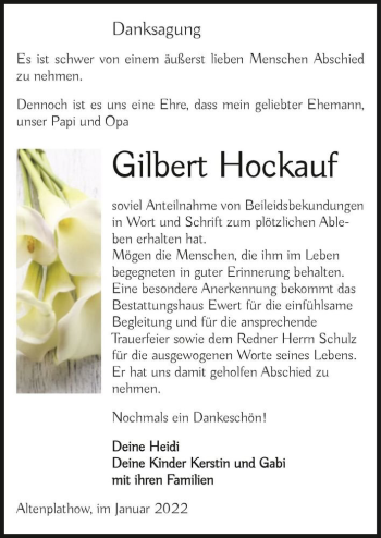 Traueranzeige von Gilbert Hockauf  von Magdeburger Volksstimme