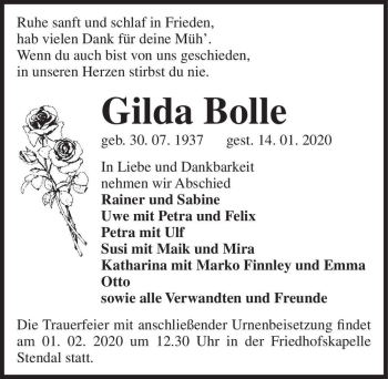 Traueranzeige von Gilda Bolle  von Magdeburger Volksstimme