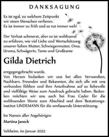 Traueranzeige von Gilda Dietrich  von Magdeburger Volksstimme