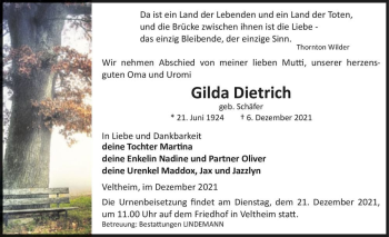 Traueranzeige von Gilda Dietrich (geb. Schäfer)  von Magdeburger Volksstimme