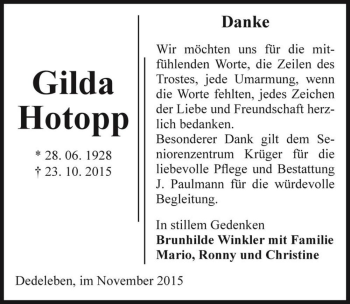 Traueranzeige von Gilda Hotopp  von Magdeburger Volksstimme