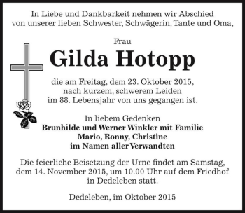 Traueranzeige von Gilda Hotopp  von Magdeburger Volksstimme