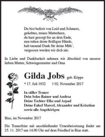 Traueranzeige von Gilda Jobs (geb. Köppe)  von Magdeburger Volksstimme