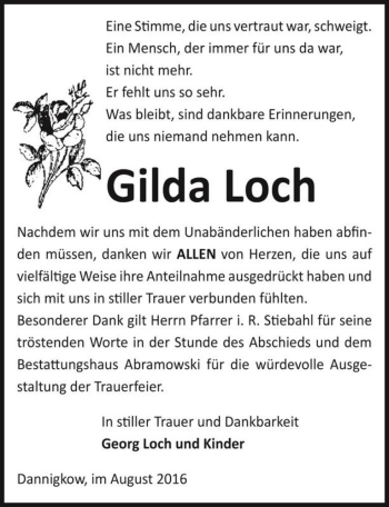 Traueranzeige von Gilda Loch  von Magdeburger Volksstimme