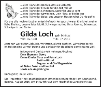 Traueranzeige von Gilda Loch (geb. Schütze)  von Magdeburger Volksstimme