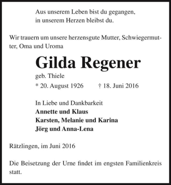Traueranzeige von Gilda Regener (geb. Thiele)  von Magdeburger Volksstimme