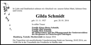 Traueranzeige von Gilda Schmidt  von Magdeburger Volksstimme