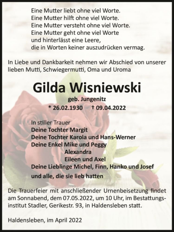 Traueranzeige von Gilda Wisniewski (geb. Jungenitz)  von Magdeburger Volksstimme