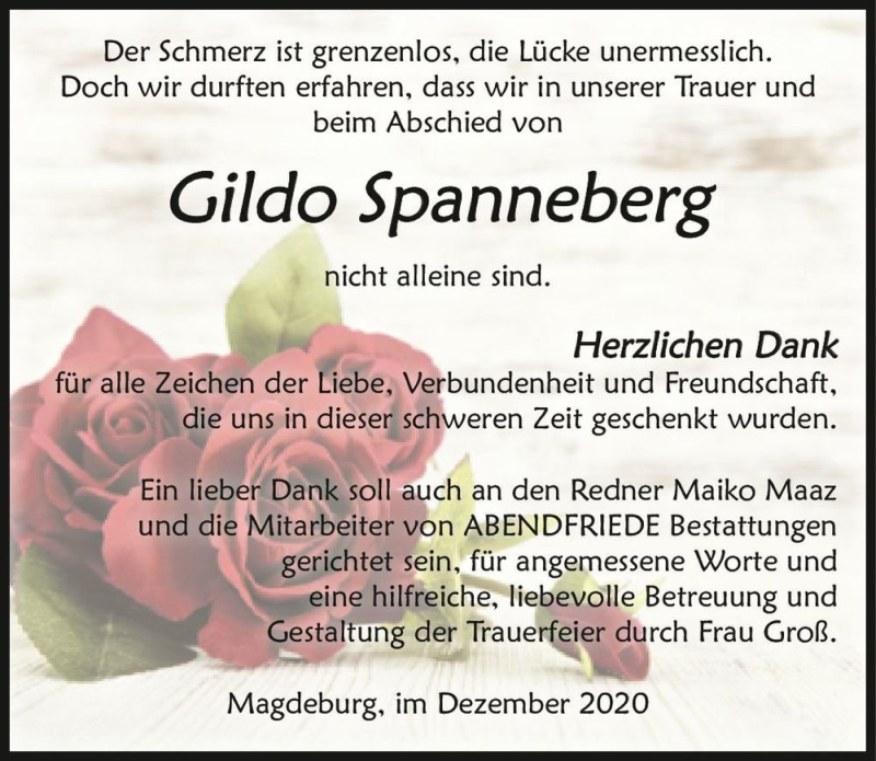  Traueranzeige für Gildo Spanneberg  vom 19.12.2020 aus Magdeburger Volksstimme