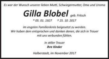 Traueranzeige von Gilla Blobel (geb. Fritsch)  von Magdeburger Volksstimme