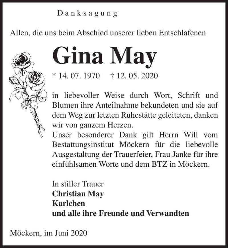  Traueranzeige für Gina May  vom 06.06.2020 aus Magdeburger Volksstimme