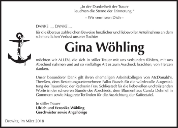 Traueranzeige von Gina Wöhling  von Magdeburger Volksstimme