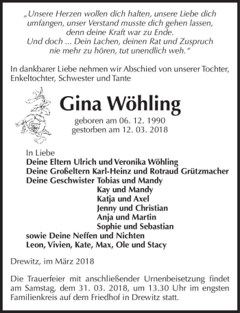 Traueranzeige von Gina Wöhling  von Magdeburger Volksstimme