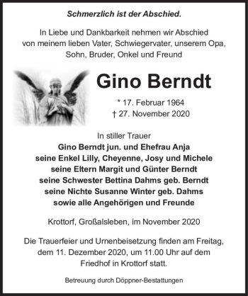 Traueranzeige von Gino Berndt  von Magdeburger Volksstimme