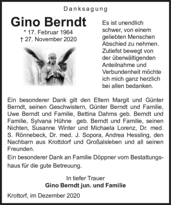 Traueranzeige von Gino Berndt  von Magdeburger Volksstimme