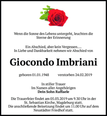 Traueranzeige von Giocondo Imbriani  von Magdeburger Volksstimme
