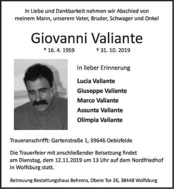 Traueranzeige von Giovanni Valiante  von Magdeburger Volksstimme