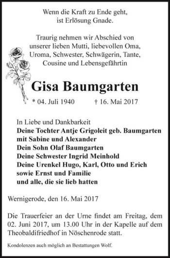 Traueranzeige von Gisa Baumgarten  von Magdeburger Volksstimme