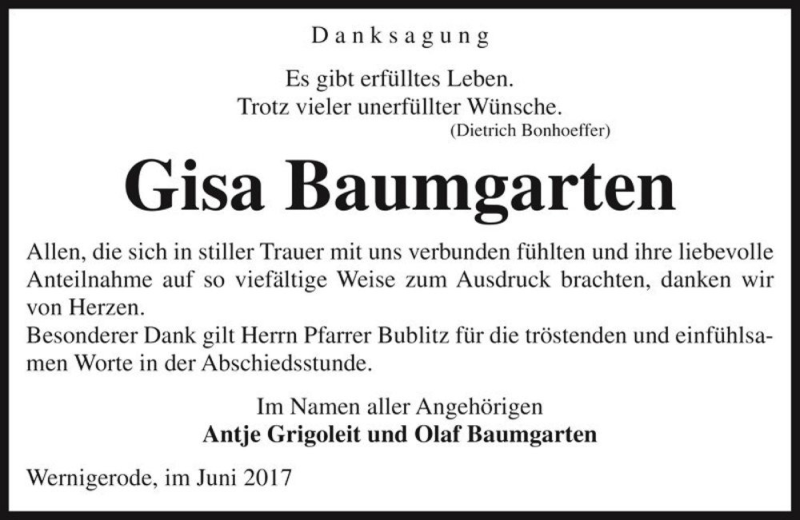  Traueranzeige für Gisa Baumgarten  vom 14.06.2017 aus Magdeburger Volksstimme