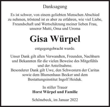 Traueranzeige von Gisa Würpel  von Magdeburger Volksstimme