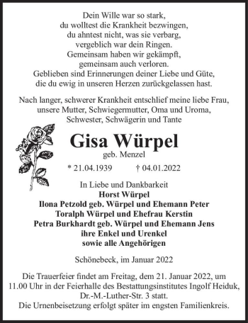 Traueranzeige von Gisa Würpel (geb. Menzel)  von Magdeburger Volksstimme