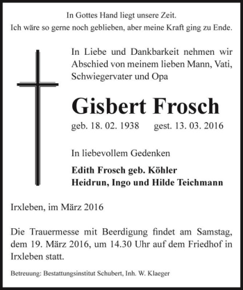 Traueranzeige von Gisbert Frosch  von Magdeburger Volksstimme