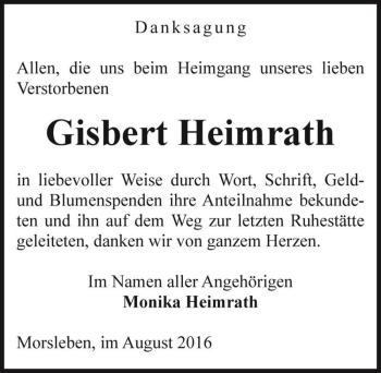 Traueranzeige von Gisbert Heimrath  von Magdeburger Volksstimme