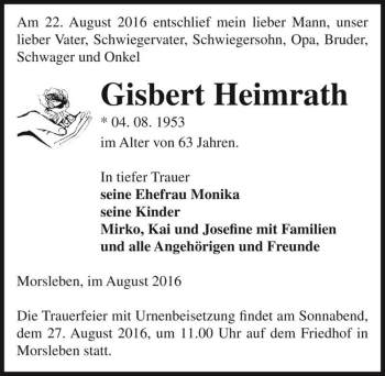 Traueranzeige von Gisbert Heimrath  von Magdeburger Volksstimme