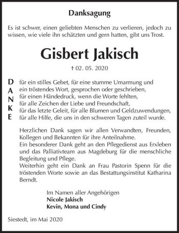 Traueranzeige von Gisbert Jakisch  von Magdeburger Volksstimme