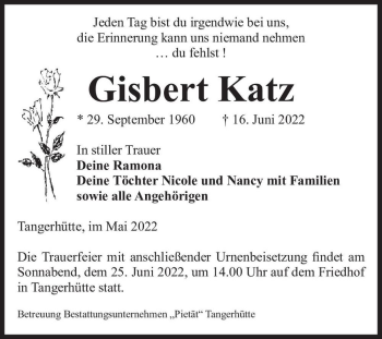 Traueranzeige von Gisbert Katz  von Magdeburger Volksstimme