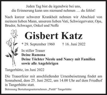 Traueranzeige von Gisbert Katz  von Magdeburger Volksstimme
