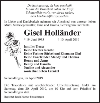 Traueranzeige von Gisel Holländer  von Magdeburger Volksstimme