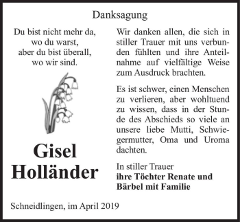 Traueranzeige von Gisel Holländer  von Magdeburger Volksstimme