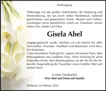 Traueranzeige von Gisela Abel  von Magdeburger Volksstimme