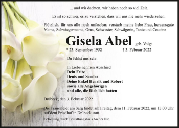 Traueranzeige von Gisela Abel (geb. Voigt)  von Magdeburger Volksstimme